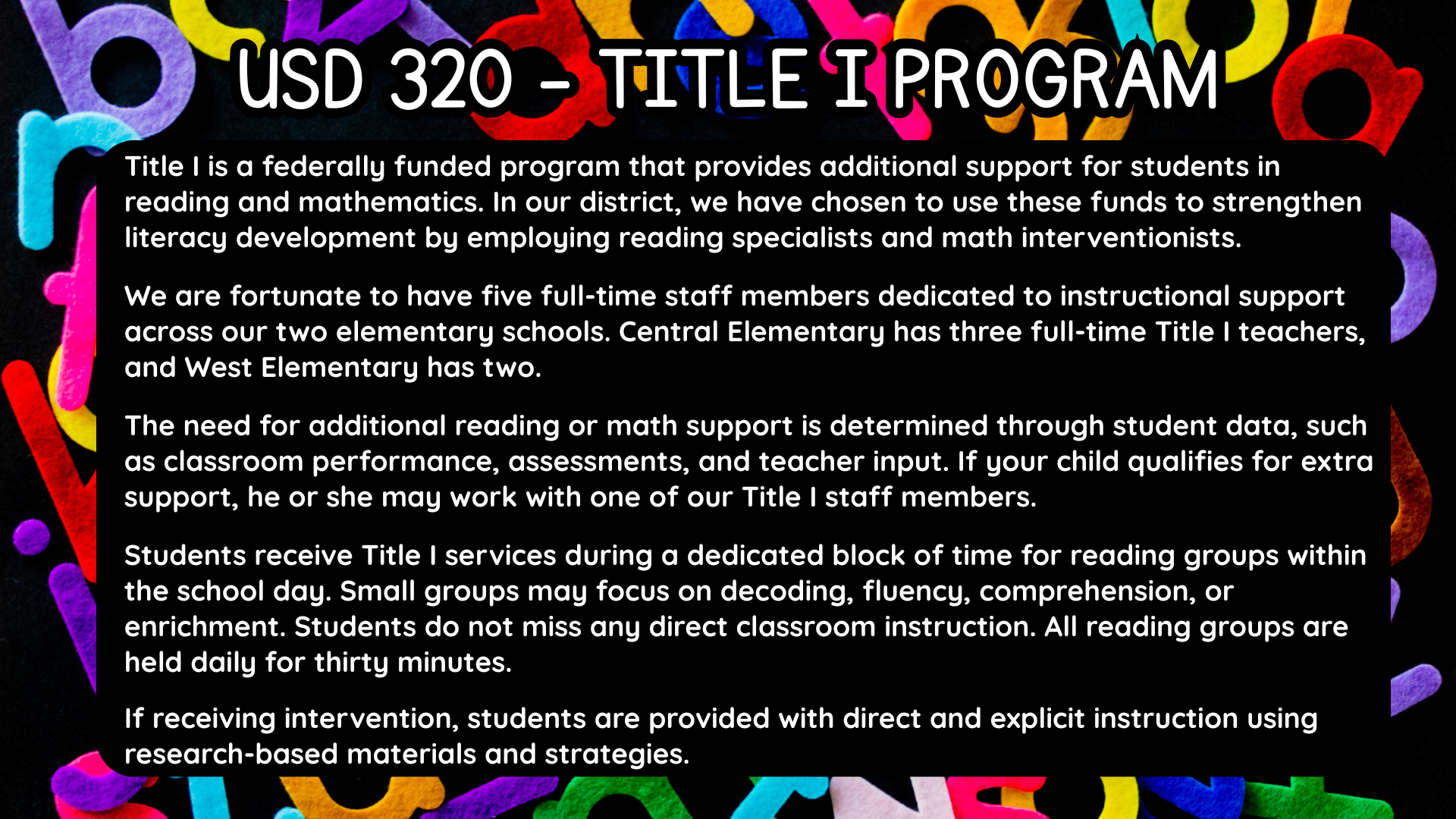 A graphic with colorful letters on a black background displays the title USD 320 - TITLE I PROGRAM.